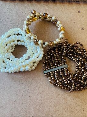 Bracelet Bundle Pearl Beaded Stretch Bracelet Set Ivory, Gold, Bronze Bangle